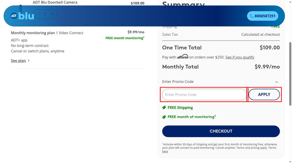 ADT checkout page showing the Enter Promo Code field and Apply button
