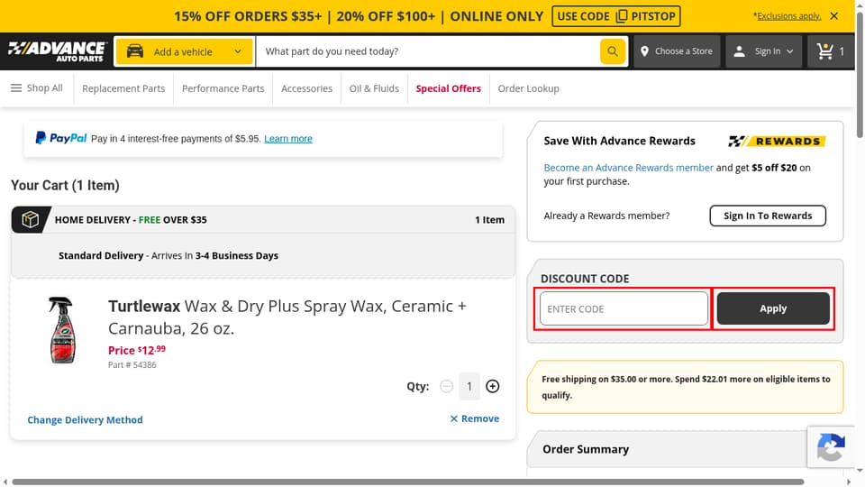 Advance Auto Parts checkout page showing the DISCOUNT CODE field and Apply button