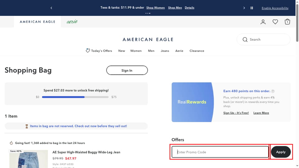 American Eagle checkout page showing the Enter Promo Code field and Apply button