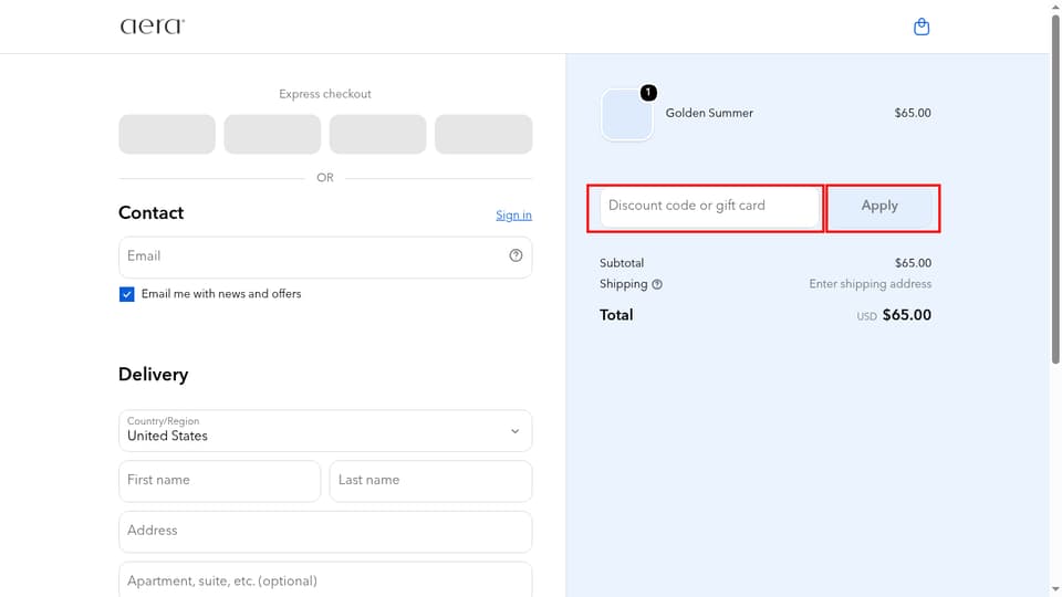 Aera checkout page showing the Discount code or gift card field and Apply button