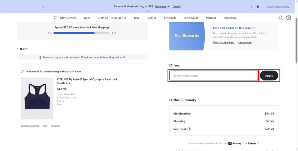 Aerie checkout page showing the 