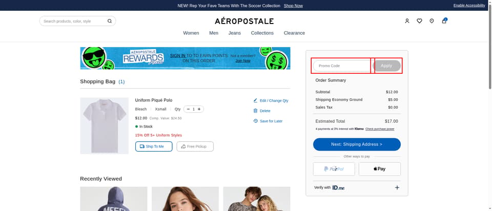 Aeropostale checkout page showing the Promo Code field and Apply button