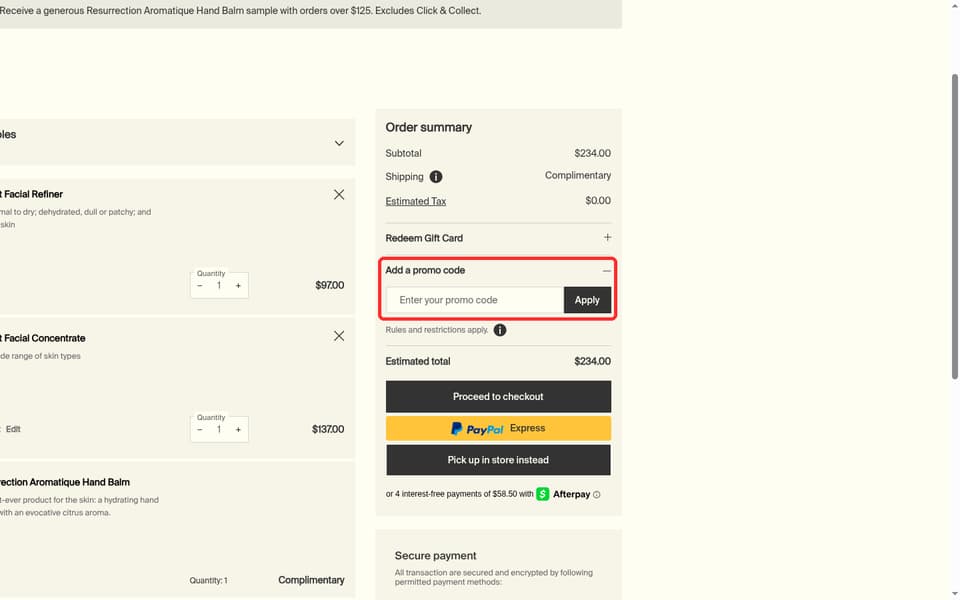 Aesop checkout page showing the Enter your promo code field and Apply button