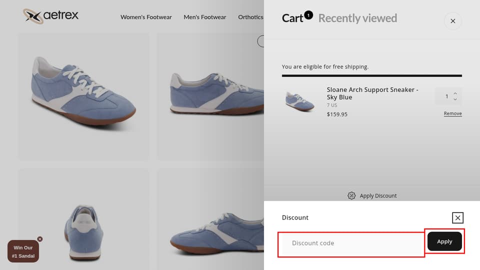Aetrex checkout page showing the Discount code field and Apply button