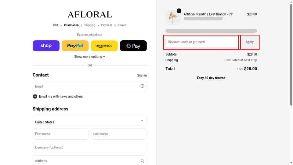 Afloral checkout page showing the Discount code or gift card field and Apply button
