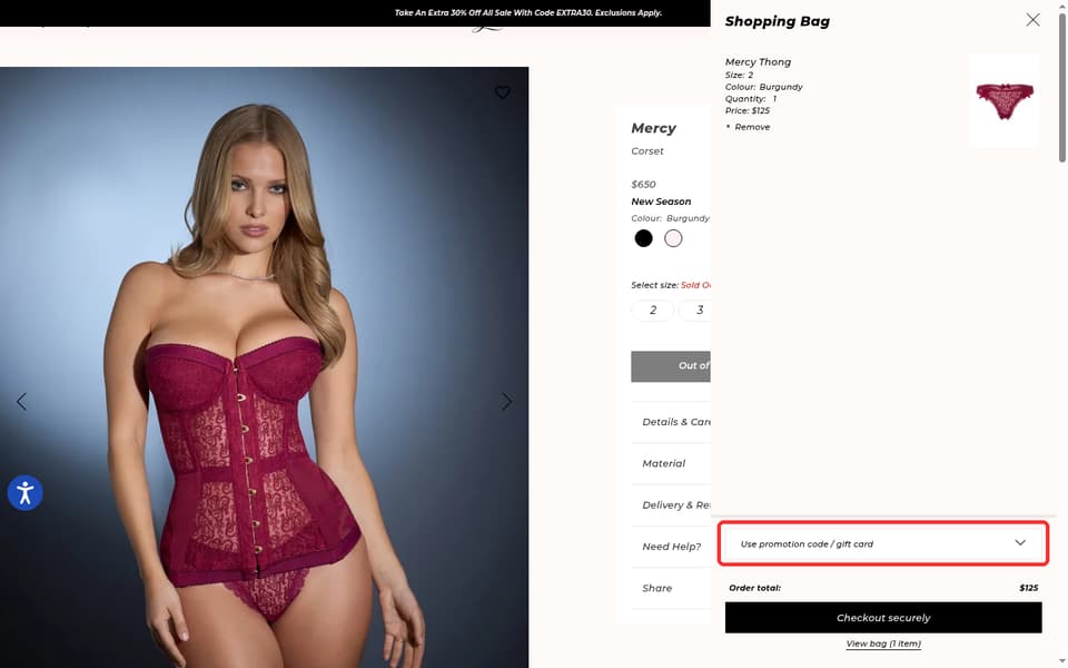 Agent Provocateur checkout page showing the Enter code or gift card number field and Apply button