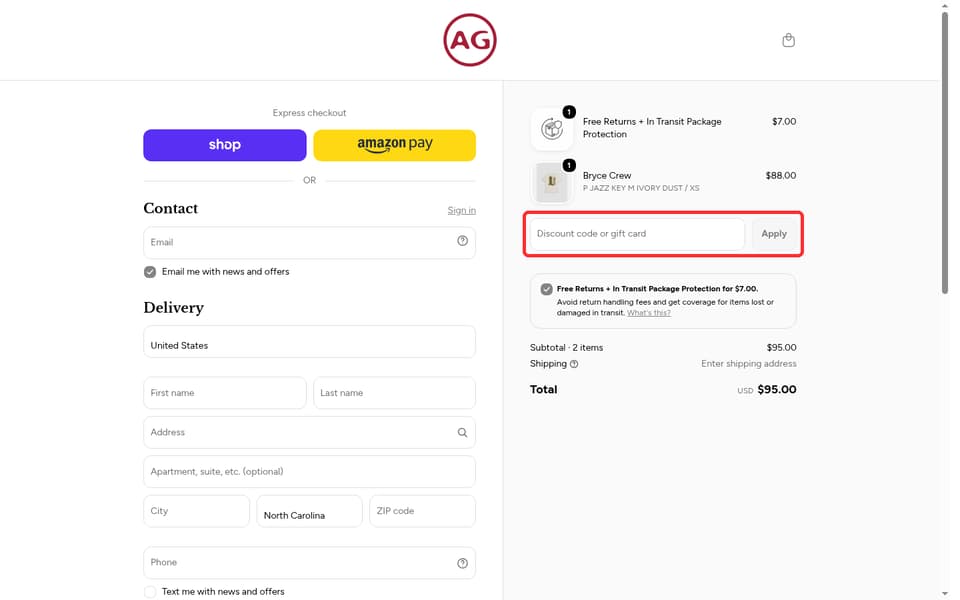 AG Jeans checkout page showing the Discount code or gift card field and Apply button