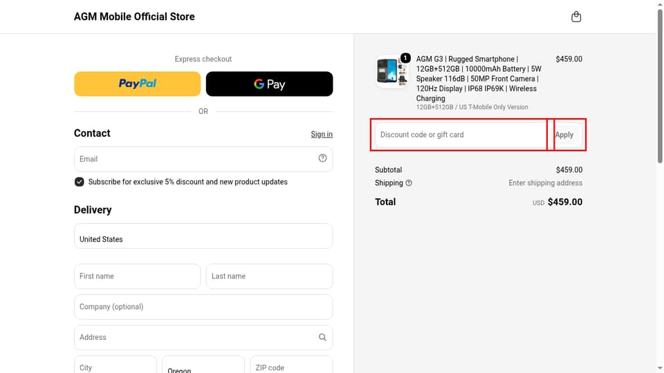 AGM Mobile checkout page showing the Discount code or gift card field and Apply button