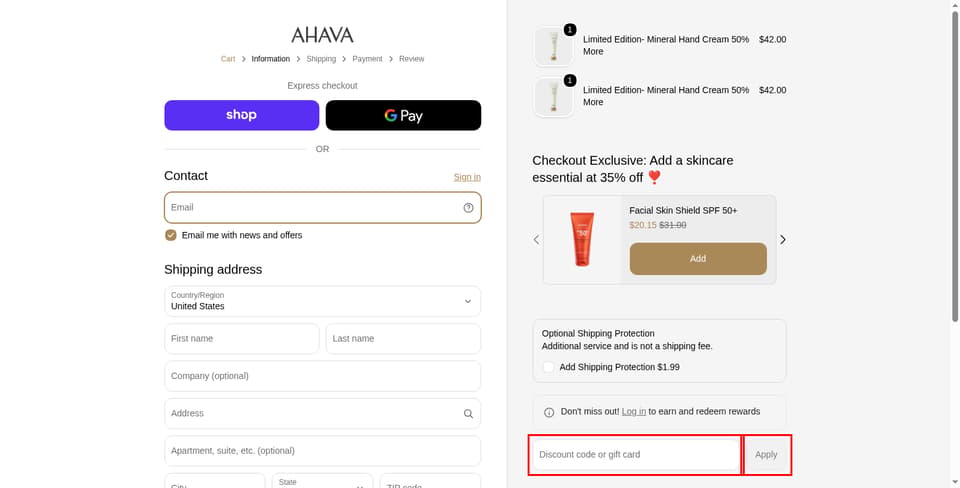 AHAVA checkout page showing the Discount code or gift card field and Apply button