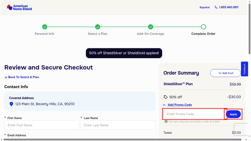 American Home Shield checkout page showing the Enter Promo Code field and Apply button