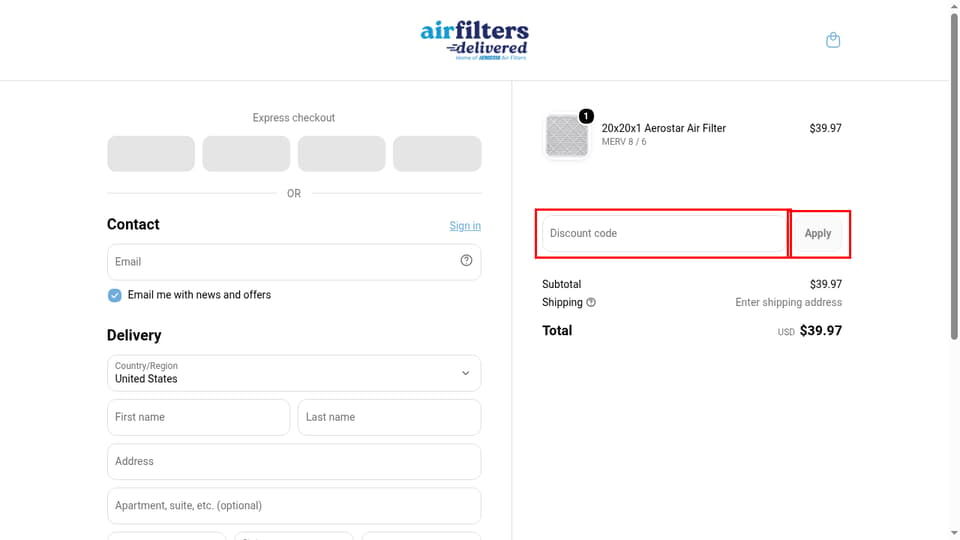 Air Filters Delivered checkout page showing the Discount code field and Apply button