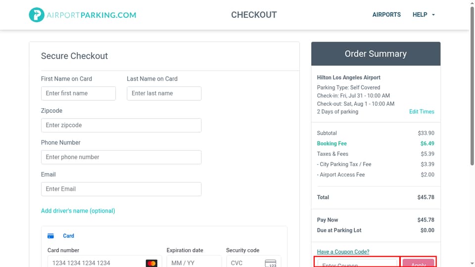 AirportParking checkout page showing the Enter Coupon field and Apply button