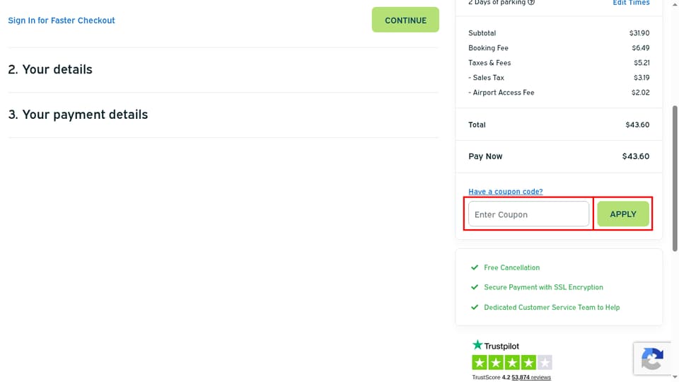 Airport Parking Reservations checkout page showing the Enter Coupon field and APPLY button