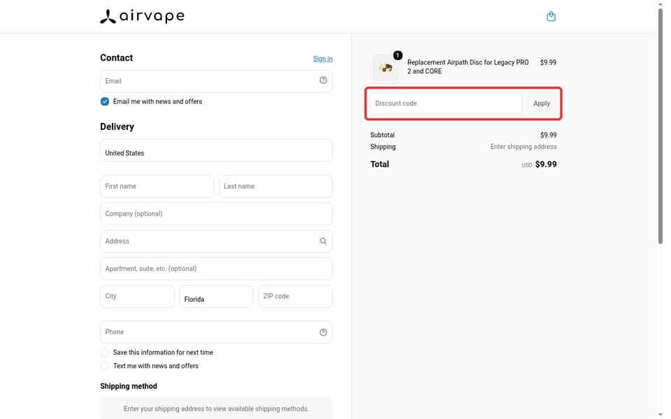 AirVape checkout page showing the Discount code field and Apply button