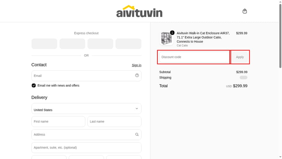 Aivituvin checkout page showing the Discount code field and Apply button