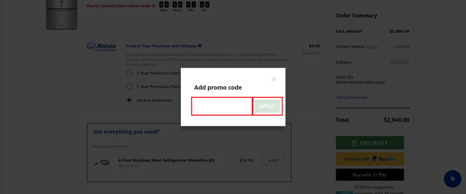 AJ Madison checkout page showing the Add promo code field and Apply button