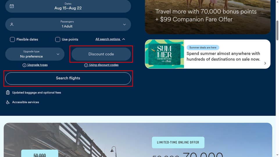 Alaska Airlines checkout page showing the Discount code field and Search flights button