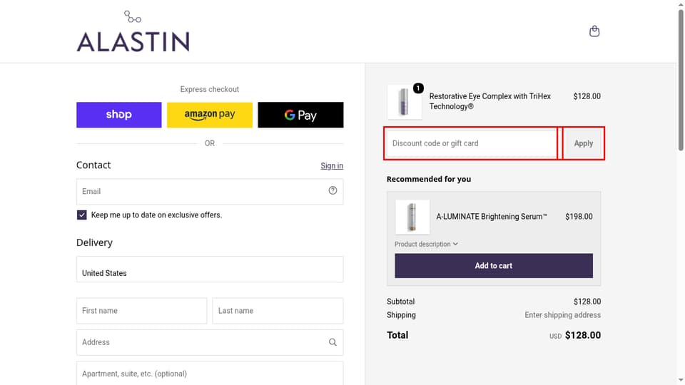 ALASTIN Skincare checkout page showing the Discount code or gift card field and Apply button