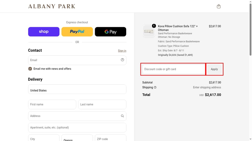 Albany Park checkout page showing the Discount code or gift card field and Apply button