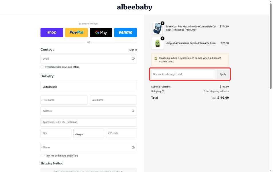 Albee Baby checkout page showing the Discount code or gift card field and Apply button