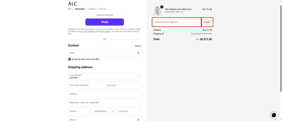 A.L.C. checkout page showing the Discount code or gift card field and Apply button