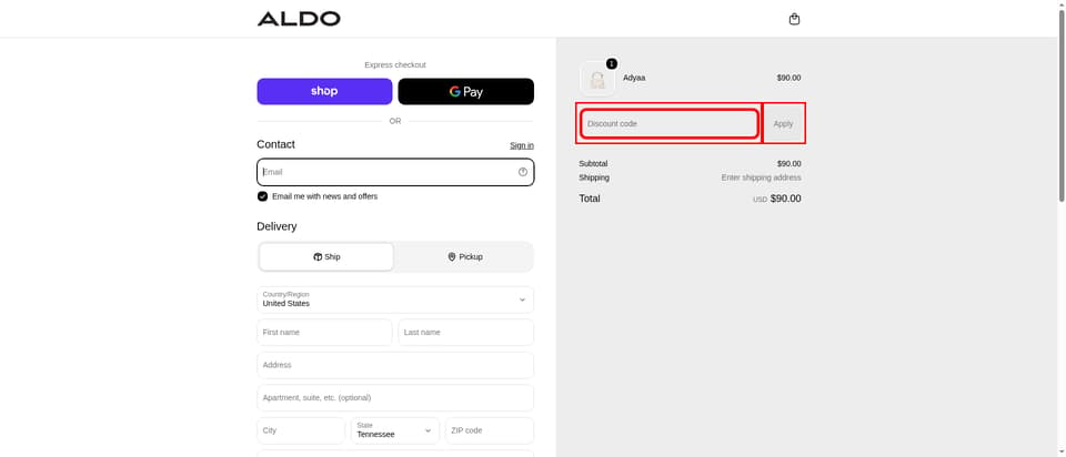 ALDO checkout page showing the Discount code field and Apply button
