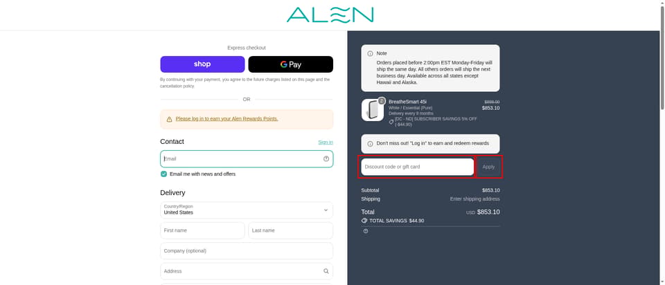 Alen checkout page showing the Discount code or gift card field and Apply button