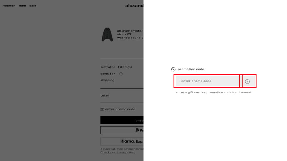 alexanderwang checkout page showing the Enter Promo Code field and Submit button