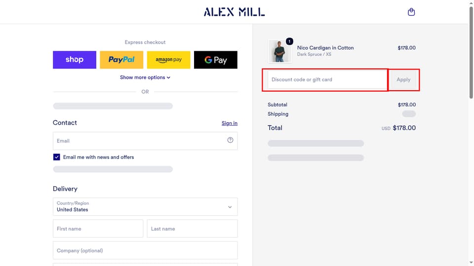 Alex Mill checkout page showing the Discount code or gift card field and Apply button