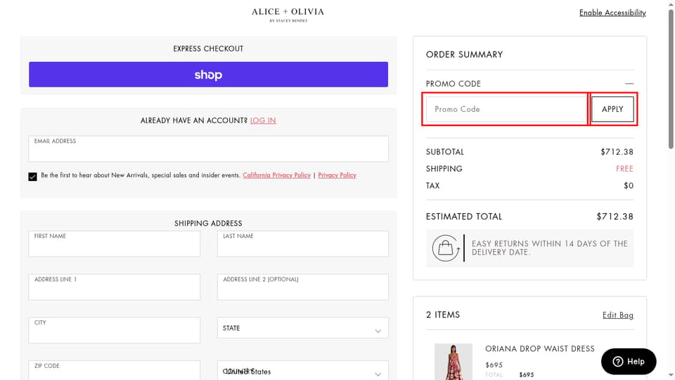 Alice and Olivia checkout page showing the Promo Code field and Apply button