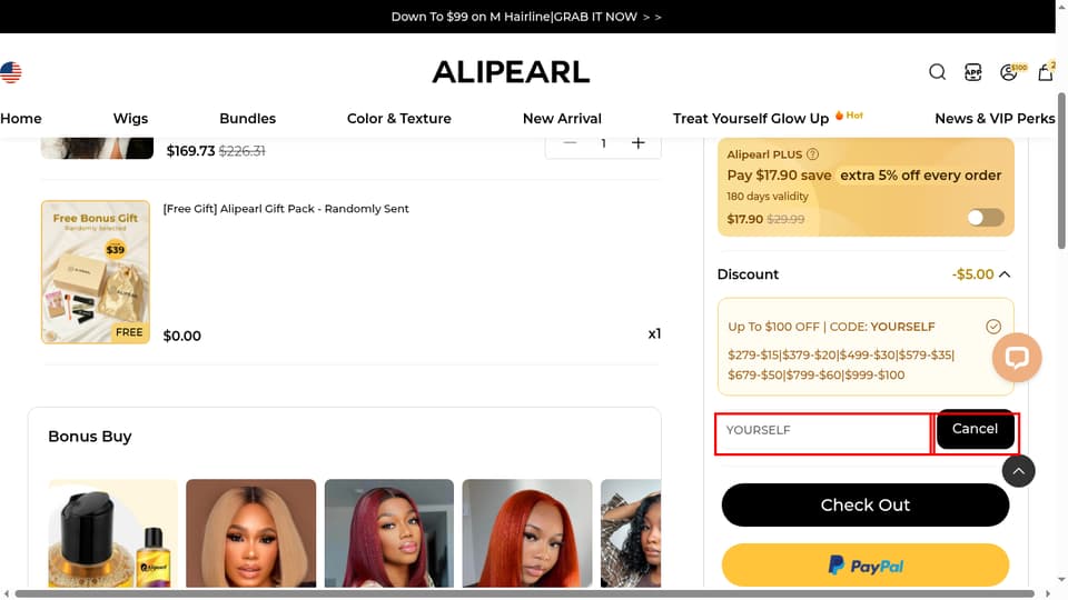 Alipearl Hair checkout page showing the enter your coupon code field and Cancel button