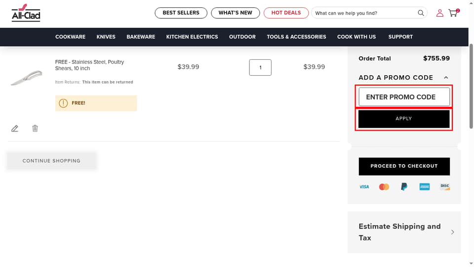 All-Clad checkout page showing the Enter promo code field and Apply button