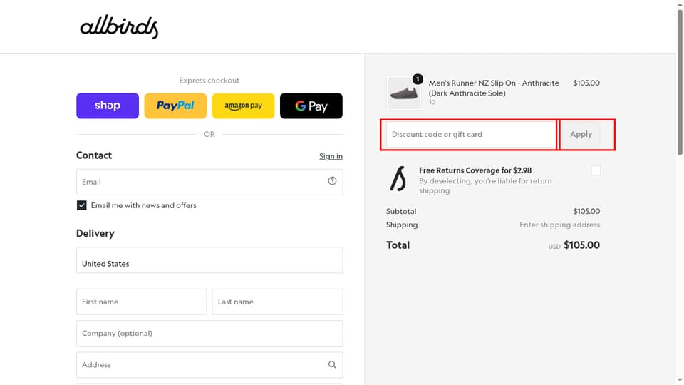 Allbirds checkout page showing the Discount code or gift card field and Apply button
