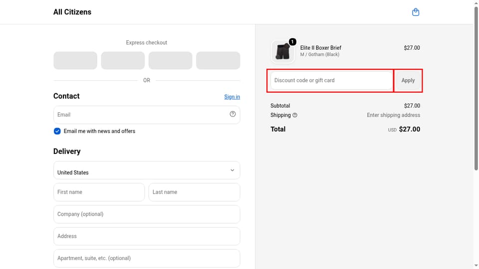 All Citizens checkout page showing the Discount code or gift card field and Apply button