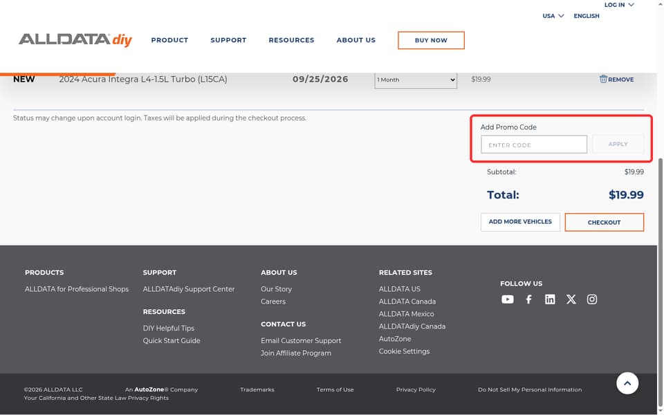 ALLDATA checkout page showing the ENTER CODE field and APPLY button