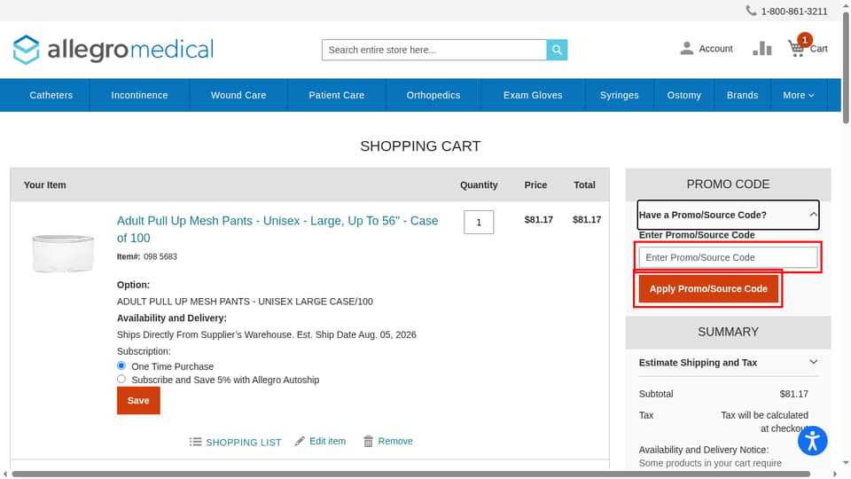 Allegro Medical checkout page showing the Enter Promo/Source Code field and Apply Promo/Source Code button