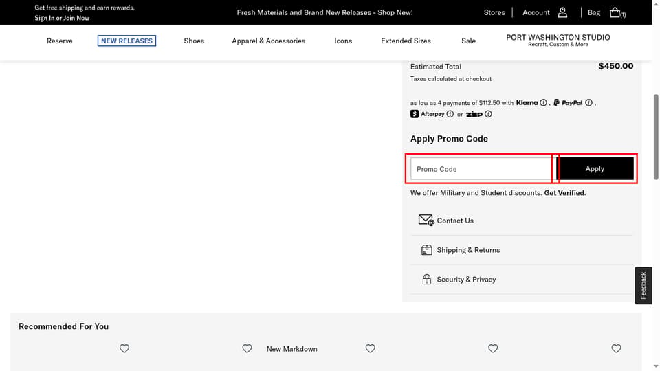 Allen Edmonds checkout page showing the Promo Code field and Apply button