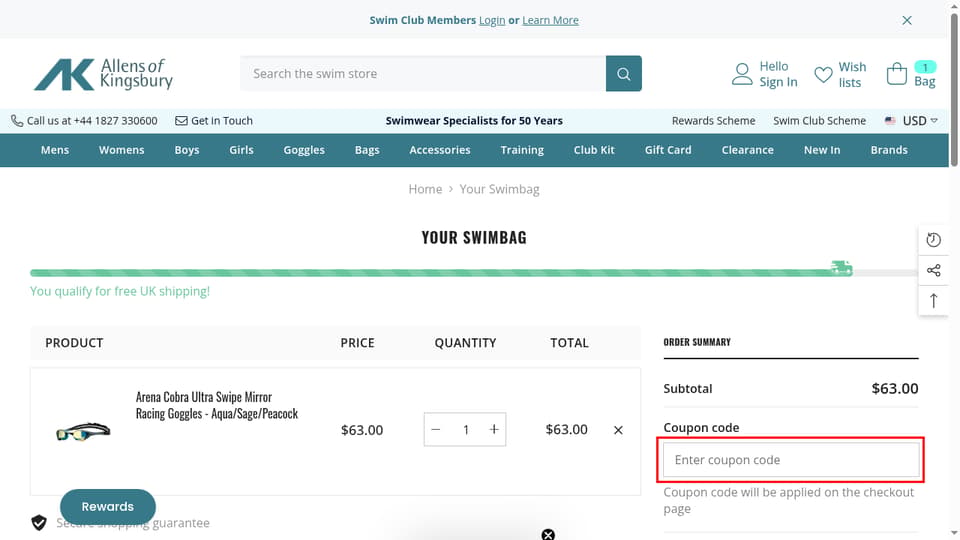 Allens Swimwear checkout page showing the Enter coupon code field and Apply button