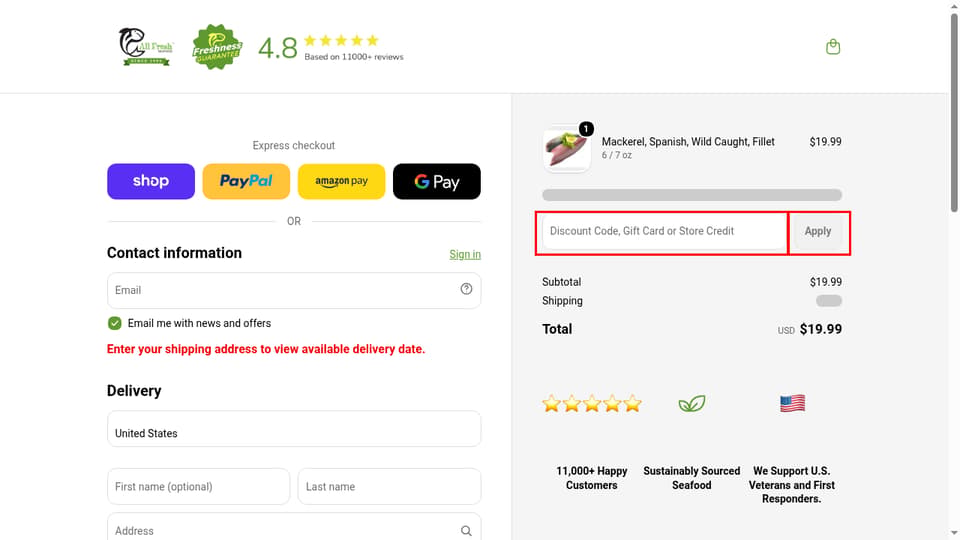 All Fresh Seafood checkout page showing the Discount Code, Gift Card or Store Credit field and Apply button