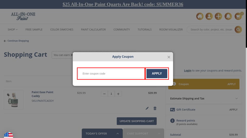 Heirloom Traditions ALL-IN-ONE Paint checkout page showing the Enter coupon code field and APPLY button