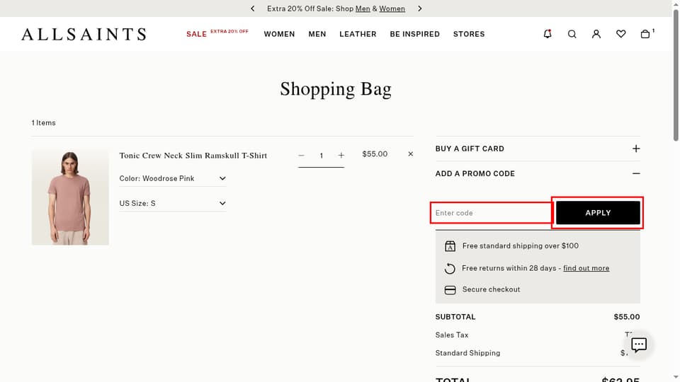 AllSaints checkout page showing the Enter code field and APPLY button