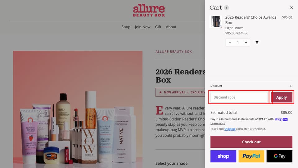 Allure Beauty Box checkout page showing the Discount code field and Apply button
