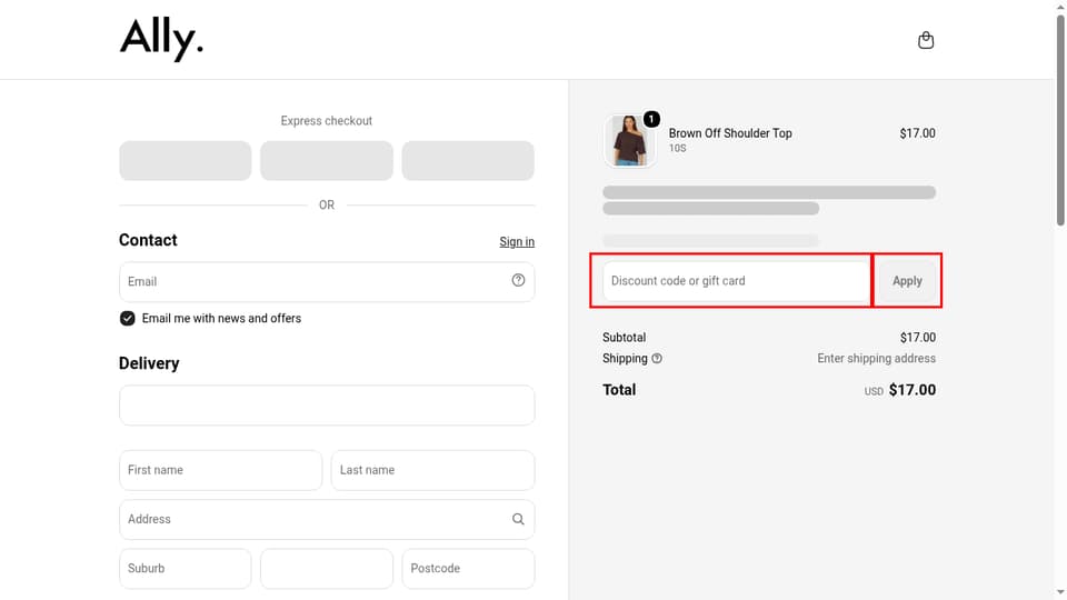 Ally Fashion checkout page showing the Discount code or gift card field and Apply button
