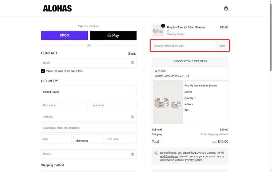 ALOHAS checkout page showing the Discount code or gift card field and Apply button