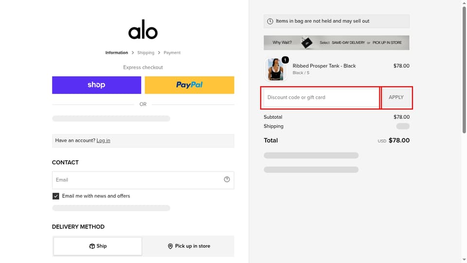 Alo Yoga checkout page showing the Discount code or gift card field and Apply button