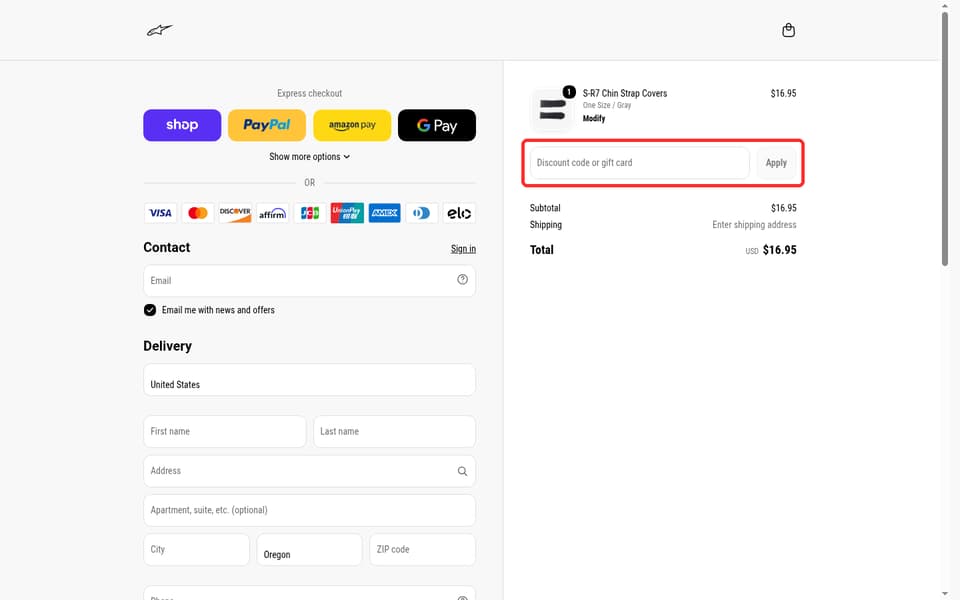 Alpinestars checkout page showing the Discount code or gift card field and Apply button