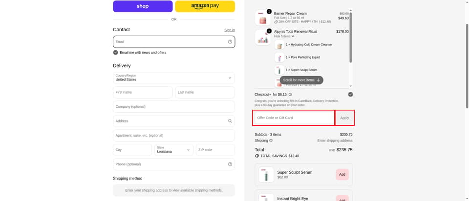 Alpyn Beauty checkout page showing the 