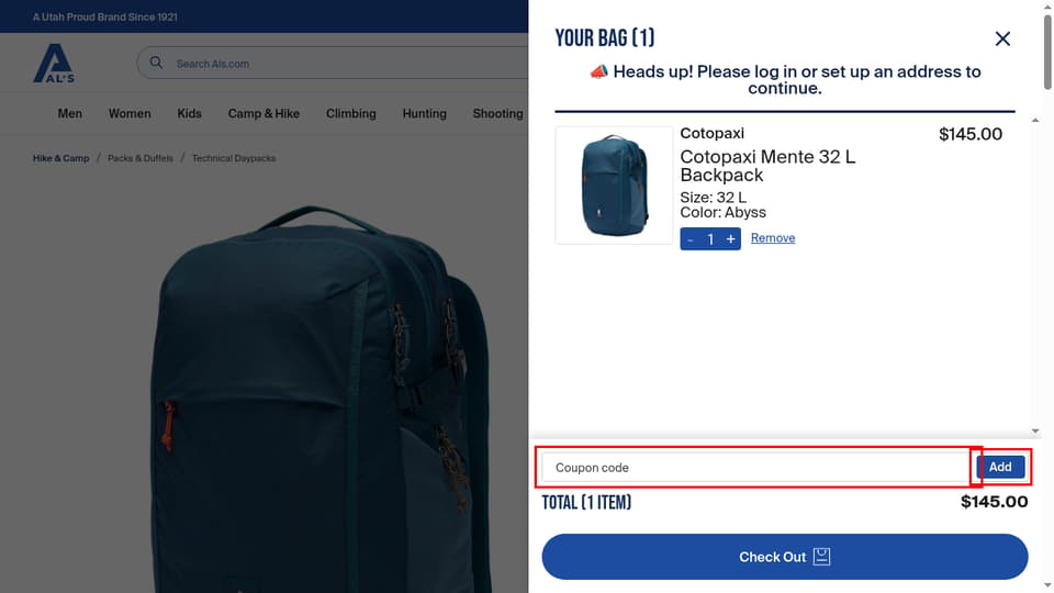Al's Sporting Goods checkout page showing the Coupon code field and Add button