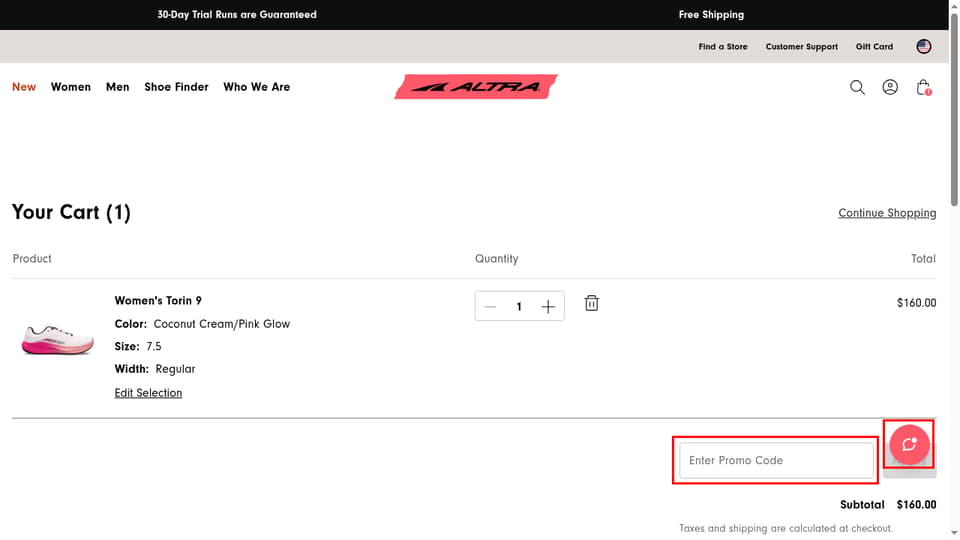 Altra Running checkout page showing the Enter Promo Code field and Apply button