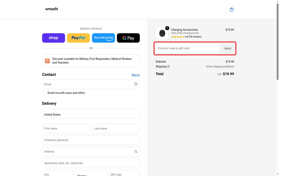 Amazfit checkout page showing the Discount code or gift card field and Apply button